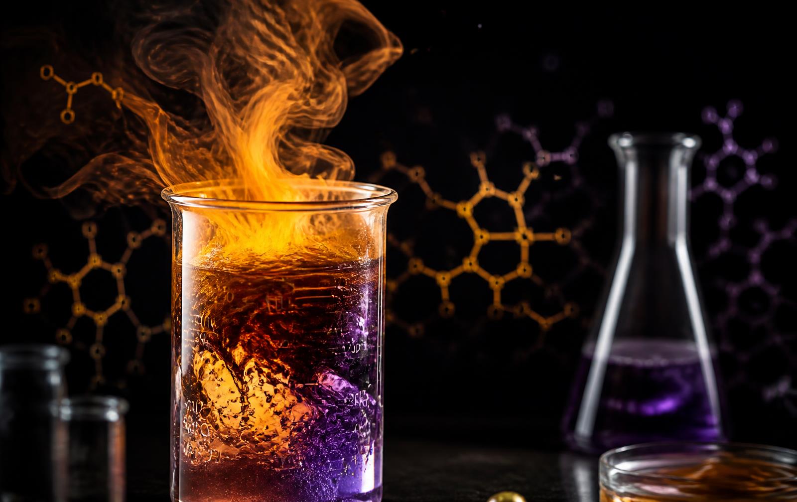 Chemistry experiment with glowing colored beakers